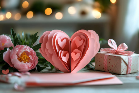 Valentine's day composition featuring pink paper hearts, peonies, gift box and romantic bokehの素材