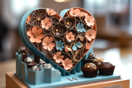 Delicate paper flowers arranged in a heart shape alongside gourmet chocolates, creating a sweet and romantic giftの素材