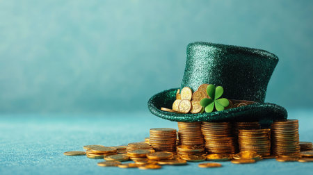 Green leprechaun hat with shamrock and gold coins celebrating saint patrick's day on light blue backgroundの素材