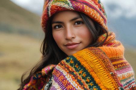 Portrait of a young Quechua woman wearing traditional Andean hat and poncho in the mountainsの素材
