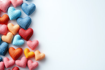 Many small colorful handmade crochet hearts forming a border on a white background, creating a cheerful and romantic atmosphereの素材