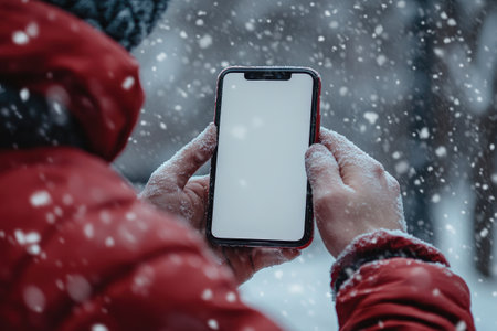 Close-up of hiker's hands holding smartphone with blank white screen while snowingの素材
