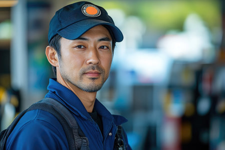 Portrait of a confident Asian technician wearing uniform and backpack in a factoryの素材