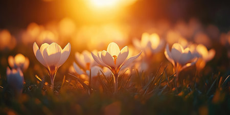 Crocus flowers blooming in a meadow during a beautiful golden hour sunsetの素材