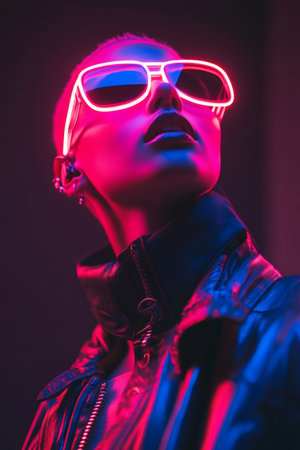 Fashion portrait of a cyberpunk model wearing neon sunglasses and leather jacket illuminated by pink and blue neon lightsの素材