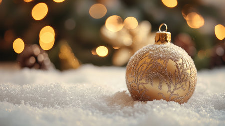 Golden christmas ball with winter ornament is lying on snow with blurred christmas lights in the backgroundの素材