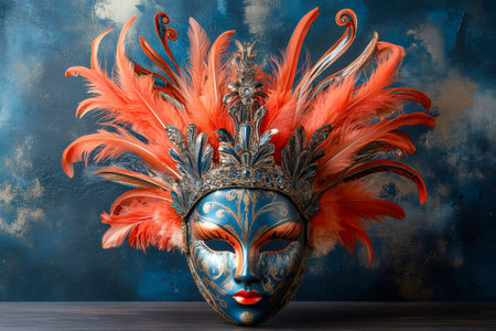 Beautiful Venetian carnival mask with orange feathers and jewels rests on dark wood against a blue backdropの素材