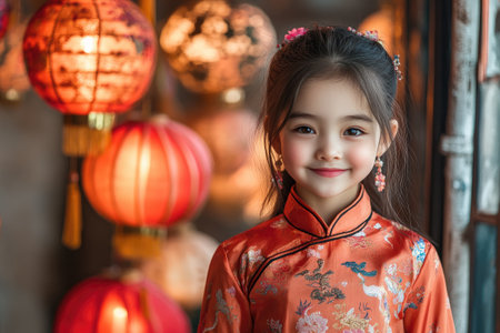 Adorable girl wearing a traditional ao dai dress celebrating lunar new year in Vietnam, with glowing red lanterns in the backgroundの素材