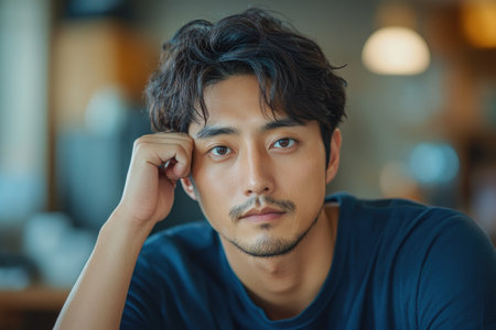 Confident young asian man touching his hair while posing indoorsの素材