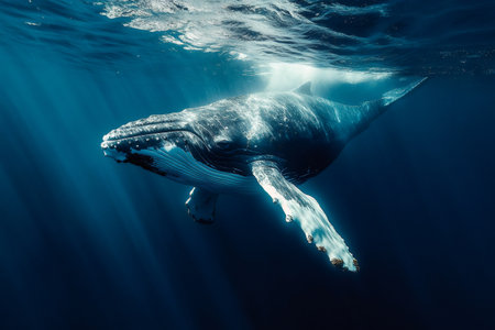 Majestic humpback whale gracefully navigating the deep blue ocean, illuminated by sunbeamsの素材