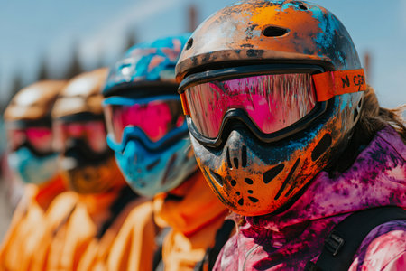 Group of extreme athletes wearing protective gear, preparing for a downhill mountain bike competitionの素材