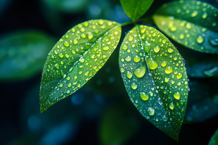Close-up of vibrant green leaves glistening with fresh raindrops, showcasing the beauty of nature after a refreshing rain showerの素材