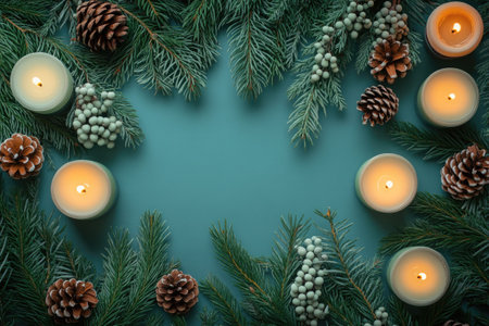 Christmas frame made of fir branches, pine cones and burning candles creating a cozy atmosphereの素材