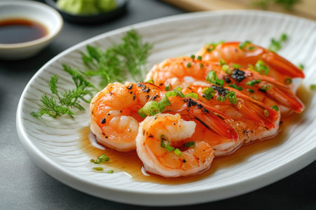 Delicious grilled shrimps with soy sauce, spring onions and dill served on a white plate, ready to be eatenの素材