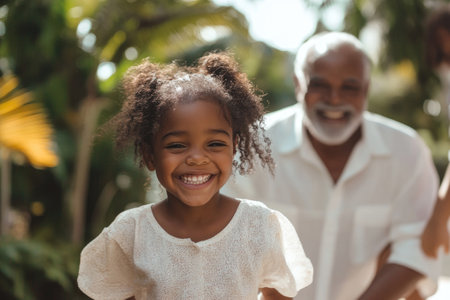Little girl smiling with her grandfather in a tropical garden, enjoying a sunny day togetherの素材