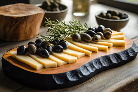 Sliced cheese and olives arranged on a wooden serving board, garnished with a sprig of fresh rosemary, create an inviting appetizerの素材