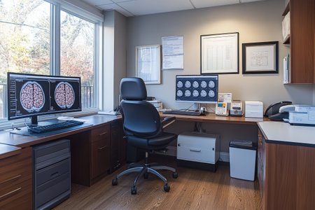Modern neurologist office displaying brain scans on multiple computer monitors, suggesting advanced diagnostics and patient careの素材