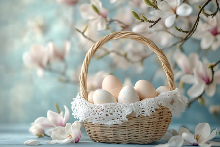 Wicker basket full of easter eggs and magnolia flowers creating a beautiful spring atmosphereの素材