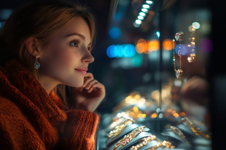 Customer admiring golden necklaces in jewelry shop window at nightの素材