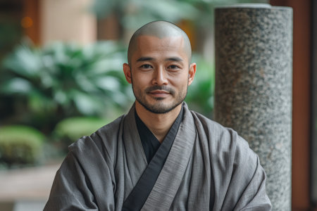 Portrait of a Buddhist monk wearing traditional kasaya robe, posing serenely in a peaceful temple gardenの素材