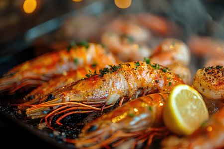 Delicious tiger prawns grilling with herbs and lemon on a hot skilletの素材