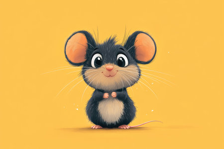 Cute little cartoon mouse with big eyes and clasped hands, smiling on a vibrant yellow background, perfect for children's illustrationsの素材