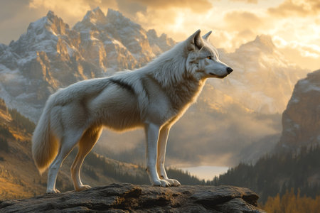 Majestic white wolf standing on a rock, overlooking a mountain valley at sunset, a breathtaking scene of wildlife and natureの素材