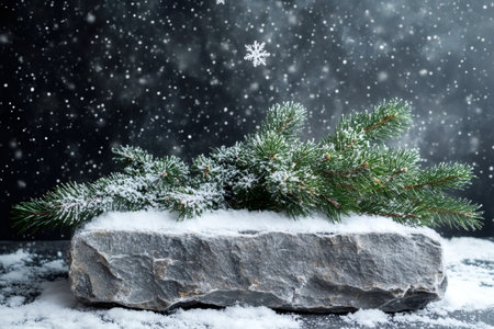 Snow-dusted pine branches resting on a textured stone under falling snowflakesの素材