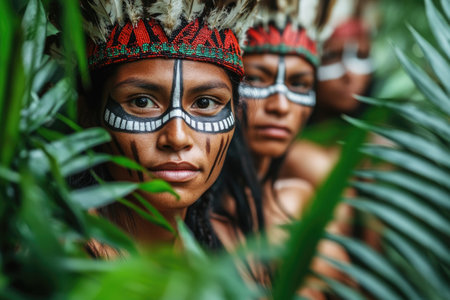 Indigenous girls with traditional headdresses and face paint stand in the lush Amazon rainforestの素材