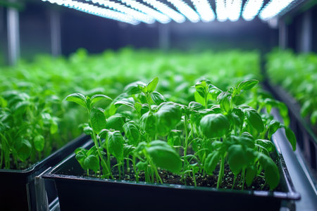 Seedlings are growing under artificial light in a modern greenhouse, representing sustainable agriculture and advanced horticultural practicesの素材