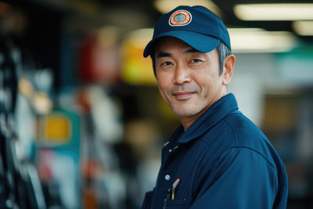 Portrait of a confident Asian technician wearing uniform and backpack in a factoryの素材