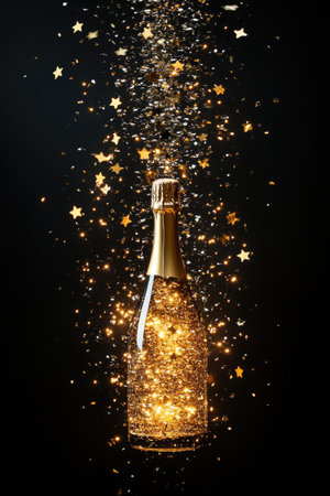 Golden champagne bottle surrounded by sparkling confetti and stars, celebrating a special occasion on a black backgroundの素材