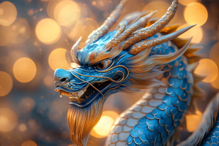 Highly detailed 3d render of a majestic blue and gold Chinese dragon against a blurred golden backgroundの素材