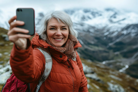 Smiling hiker taking a selfie with her smartphone in a beautiful mountain landscapeの素材