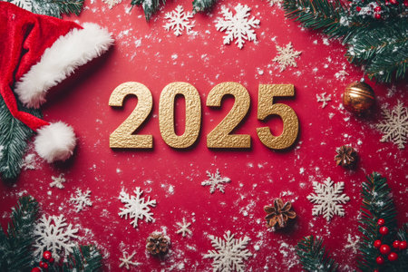 Christmas composition with golden numbers 2025, santa hat, snowflakes, fir branches and christmas tree decorations on a red backgroundの素材