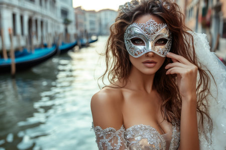 Sensual bride wearing an elegant silver mask and white wedding dress posing in Veniceの素材