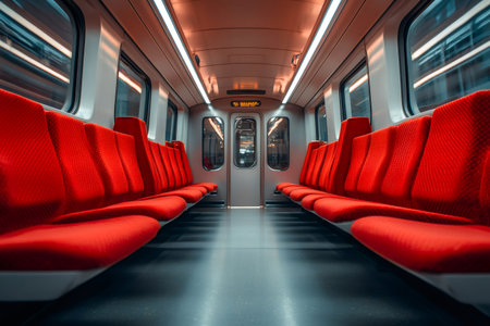 Rows of red seats inside an empty, modern subway car, creating a vibrant and inviting atmosphereの素材