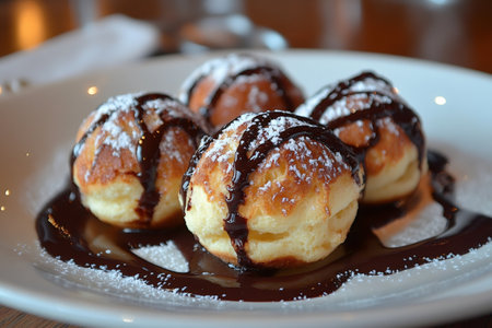 Four poffertjes, small fluffy pancakes, are served on a white plate, drizzled with chocolate sauce and dusted with powdered sugarの素材