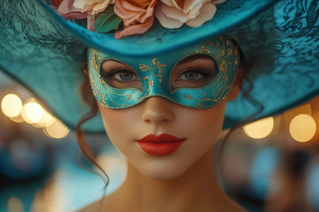 Sophisticated woman in a decorative mask and hat, illuminated by warm glowing lightsの素材