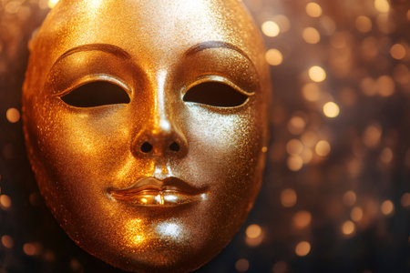 Golden mask glitters against a blurred background, evoking mystery, celebration, and theatrical performanceの素材