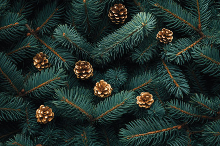 Golden pine cones and christmas balls decorating lush green fir branches create a festive atmosphere, perfect for holiday projectsの素材