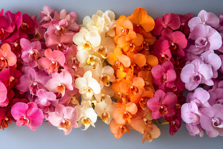 Vibrant orchid flowers are arranged in a gradient pattern, showcasing a spectrum of colors from pink to orangeの素材