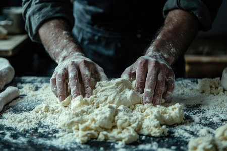 Chef preparing dough in a bakery, kneading with flour on a dark tableの素材