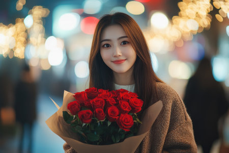 Smiling young woman holding a bouquet of red roses in a night city with bokeh lightsの素材