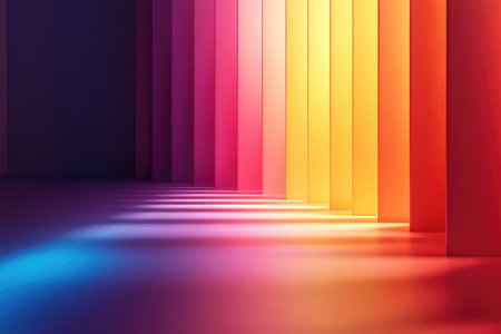 Parallel partitions glow with vibrant hues, casting colorful shadows across the floor in a modern, minimalist spaceの素材