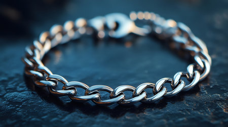 Shiny silver chain bracelet displayed on dark stone surface, reflecting surrounding lightの素材