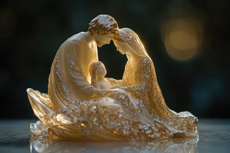 Golden statue of the holy family, representing Christmas, Christianity, faith, love, and unityの素材