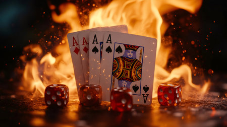 Playing cards and dice burning in flames, illustrating the risks and potential losses associated with gambling and addictionの素材