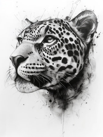 Intricate pencil drawing showcases a jaguar's head surrounded by delicate floral ornaments, creating a captivating contrast of nature and artistryの素材