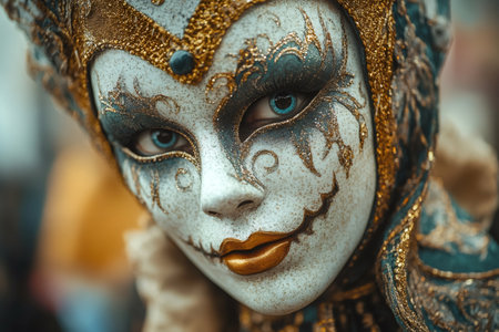 Close-up of a woman wearing an ornate Venetian carnival mask, showcasing intricate gold and blue details and designの素材